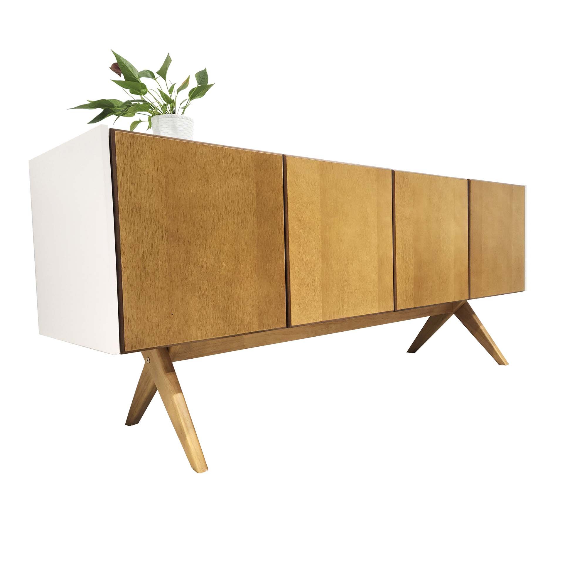 Balcão Buffet Aparador Lenny 184 cm 4 Portas Laca com Pés em Madeira