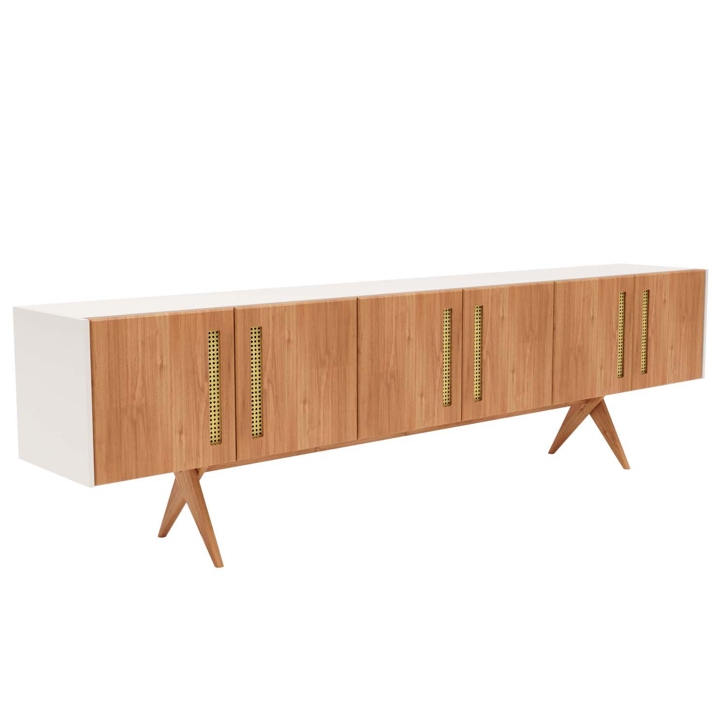 Balcão Buffet Aparador Lenny 274 Cm 6 Portas Laca com Madeirado