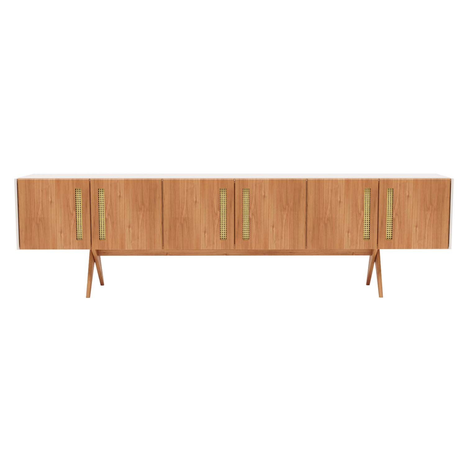 Balcão Buffet Aparador Lenny 274 Cm 6 Portas Laca com Madeirado