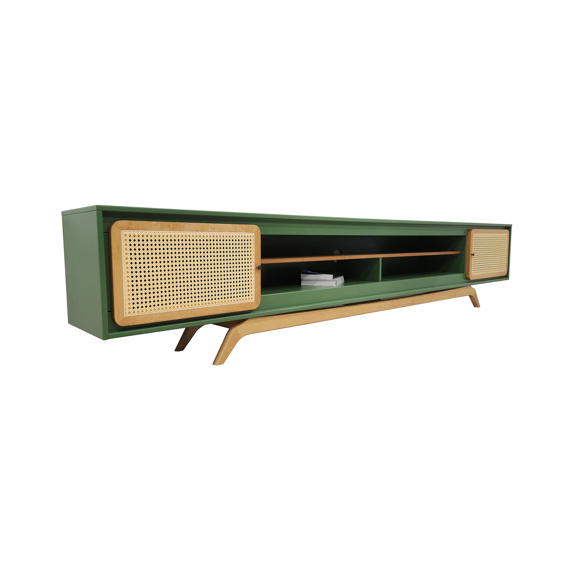 Rack Sala TV Até 75 Polegadas Ricco 273 Cm Laca Portas Palhinha Verde